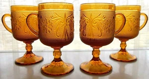 Tiara Indiana Glass 4 Amber Sandwich 8 oz Footed Coffee Cups Mugs - Picture 1 of 10
