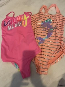 Lot Of 2 Justice Girl Size XL 16 Mermaid One Piece Swimsuits, Pink Reversible - Picture 1 of 8