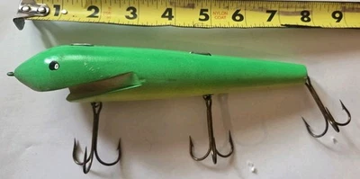 Vintage Handmade Wooden Neon Green/Yellow Reef Hawg Large Fishing Lure - Image 1 of 4
