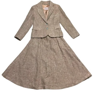 Vtg Casual Corner Plaid Wool Tweed Suit Set Womans 9 Beige Skirt & Blazer - Picture 1 of 12
