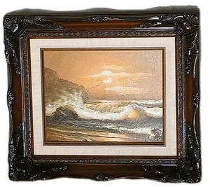 Seagulls At Sunset Signed Iol Painting Canvas By LICOTA HAND CARVED FRAME 16x13 - Picture 1 of 13