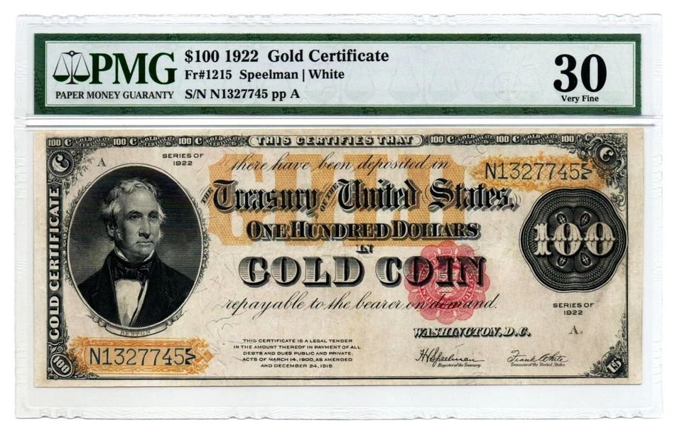 Fr. 1215 1922 Gold Certificate Note Speelman / White PMG Very Fine 30 - Image 1 of 2