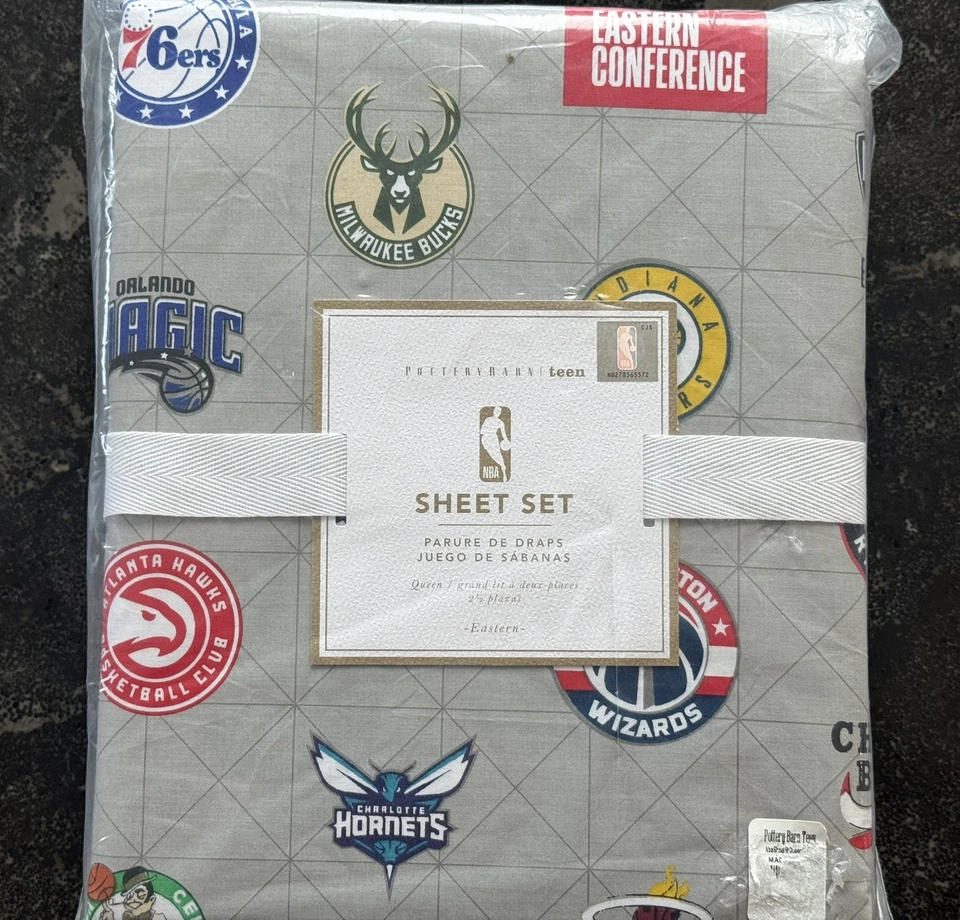 Juego de sábanas Pottery Barn Teen NBA Eastern Conference Queen logotipo de baloncesto nuevo en paquete Foto 1 de 4