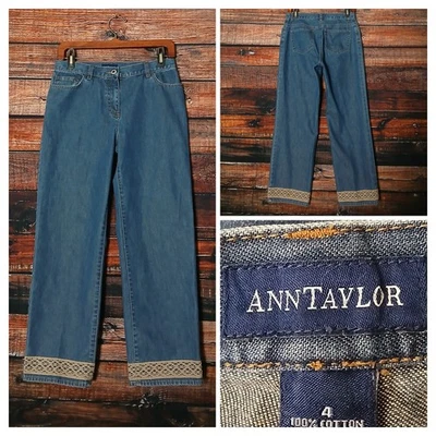 Jeans Ann Taylor Vintage Tamanho 4 Perna Larga Tornozelo Crop Punhos de Renda 100% Algodão Denim - Imagem 1 de 4