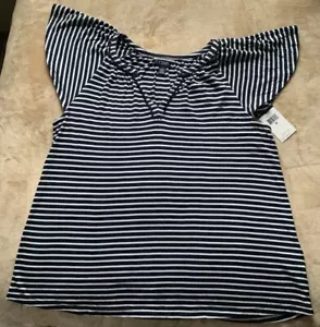 Chaps Top Sz M Medium Navy Blue & White Striped Blouse - Picture 1 of 8