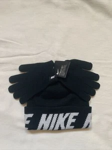 Nike Unisex Big Kid's 2-Piece Repeat Stripe Black / White Hat & Gloves Set Youth - Picture 1 of 7