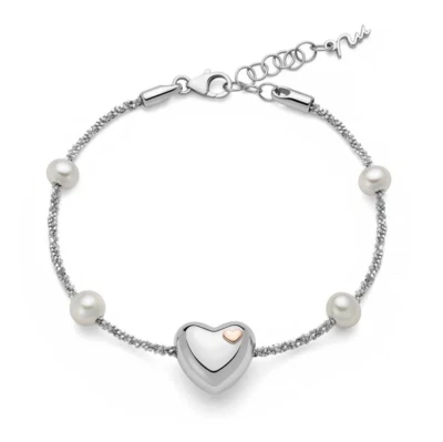 Bracciale Donna Argento925 Cuore Elemento Oro 9KT Perle Bianche 7-6mm _PBR3493 - Immagine 1 di 2
