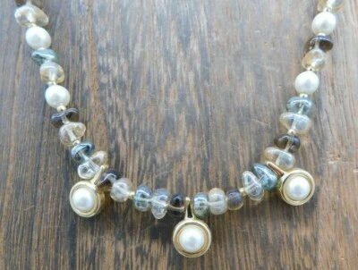 Napier White Faux Pearl Amber Glass Chip Gold Tone Choker Collar 18" Necklace - Image 1 of 4