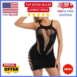 Black Fishnet Bodycon Lingerie Dress | See-Through Mesh Babydoll Bodysuit - Picture 1 of 8