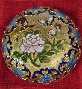 VTG Cloisonne Enamel Floral, Butterflies Gold Tone Round Jewelry, Trinket Box - Picture 1 of 10