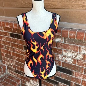 Body de una pieza estampado de llamas traje de baño sin mangas corte alto bikini traje de baño L - Imagen 1 de 8