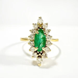 Vintage 18k Gold, Emerald and Diamond marquise Ring - Picture 1 of 10