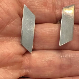 Vintage Sterling Silver Mid Century Modern Abstract Rectangle Pierced Earring - Picture 1 of 8