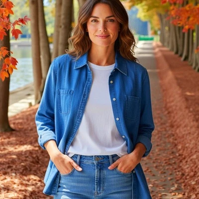 TALBOTS WOMAN Denim Shirt Blue 100% Cotton Double Breast Pocket - 18W - Image 1 of 4