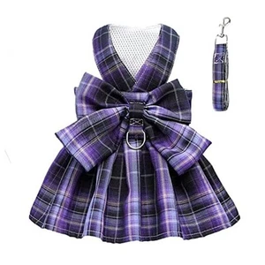Plaid Dog Dress Bow Tie Harness Leash Set for Small Dogs Cats Girl Cute - Picture 1 of 8