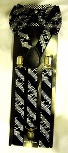 BLACK MUSICAL NOTES &BARS ADJUSTABLE BOW TIE+ ADJUSTABLE MUSIC SUSPENDERS COMBO - Picture 1 of 2