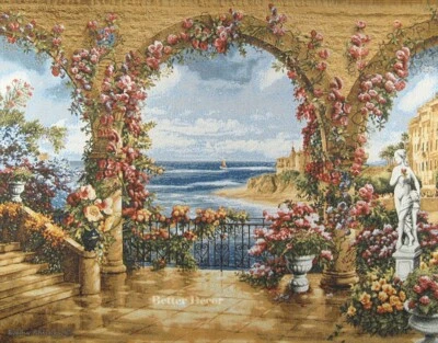 WALL JACQ. WOVEN EURO TAPESTRY Santa Barbara Terrace FLORAL GARDEN PATIO VIEW - Image 1 of 2