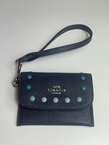 Coach F31554 Rainbow Rivets Card Pouch nuovo con etichetta Midnight Navy Silver