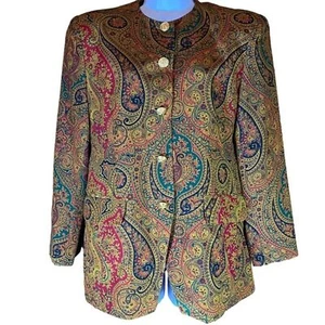 100% Silk blazer/suit jacket Women's Jones New York Gold Green Brown Paisley - Picture 1 of 6