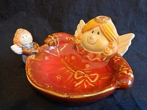 Angel Trinket Dish Red Glaze With Mini Blue Angel Doll on Side 5” - Picture 1 of 9