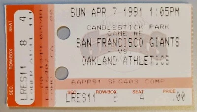 San Francisco Oakland Athletics Baseball Ticket Stub 4/7 1991 W Clark Exhibition - Image 1 of 2