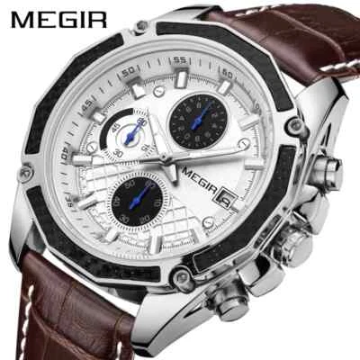 Men's Quartz Watch Leisure Unique Date Black Brown Leather Strap Wrist Watch New - Image 1 of 4