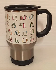 Reise Kaffee Teebecher Edelstahl weiß armenisches Alphabet Armenien tolles Geschenk - Bild 1 von 2