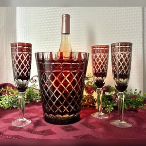 Cubo de champán de cristal bohemio rojo oscuro copas de arándano y champán - 4 piezas - Imagen 1 de 10