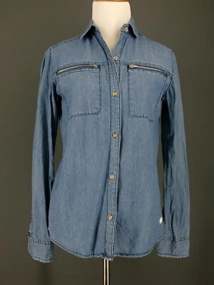 7 FOR ALL HUMANITY Top XL Niñas Azul Denim Cambray Cremallera Acento Botón Camisa Foto 1 de 4