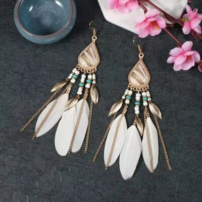 Moda Mujeres Joyería Pendientes Pluma Borlas Hojas Cuentas Estilo BOHO Gancho Tachuela Foto 1 de 4