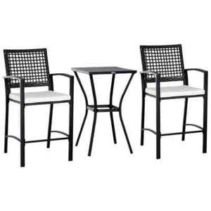 3-Piece All-Weather Steel Patio Outdoor Bar Bistro Furniture Set with White Cush - Picture 1 of 7