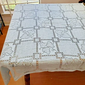 Vintage Machine Lace Tablecloth Blue Vine Trellis Pattern 46x44" Square Flaws - Picture 1 of 16