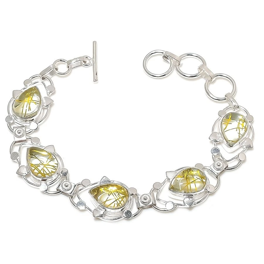 Rutilated Quartz Gemstone 925 Sterling Silver Jewelry Bracelet Size 7-8" - Image 1 of 1