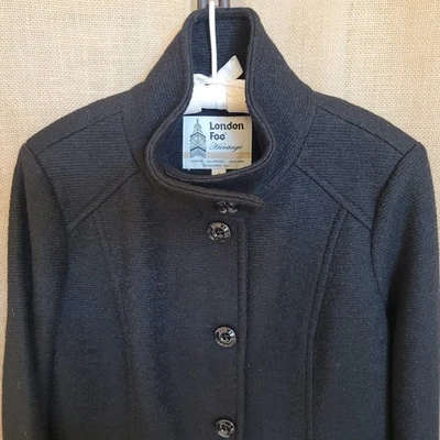 London Fog Women's Long Wool Blend, Tweed Coat, Large, High Button Neck, Black - Image 1 of 4