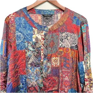 John Mark Paisley Patchwork Langarm Button Down Bluse Taschen Größe Medium - Bild 1 von 8