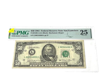 1981 $50 Fifty Dollars, FEDERAL RESERVE NOTE San Francisco 'PMG 25 VF (129) - Image 1 of 2