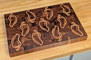 Handcrafted Walnut Cutting Board with Maple Jalapeño Inlay – End Grain – 12x18 - Picture 1 of 10