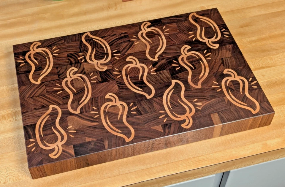 Handcrafted Walnut Cutting Board with Maple Jalapeño Inlay – End Grain – 12x18 - Image 1 of 4