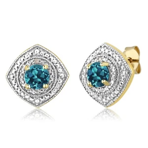 18K Yellow Gold Plated Silver London Blue Topaz and Diamond Accent Studs For - Picture 1 of 4