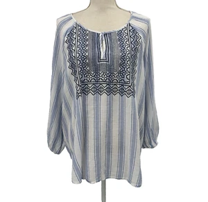 Vince Camuto Blouse Women's 2X Striped Embroidered Gauze Tunic Boho Indie Y2K - Picture 1 of 11