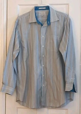 Paul Fredrick Men’s Button Down Blue Black White Striped Shirt 17 1/2 35 Two-Ply - Image 1 of 4