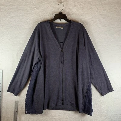 Logo Lounge Lori Goldstein Zip Jacket 3X Gray Purple Lace Back Pockets Cozy Soft - Image 1 of 4