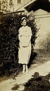 Woman Wearing Hat Standing By Bush Near House B&W Photograph 3 x 5 - Picture 1 of 3