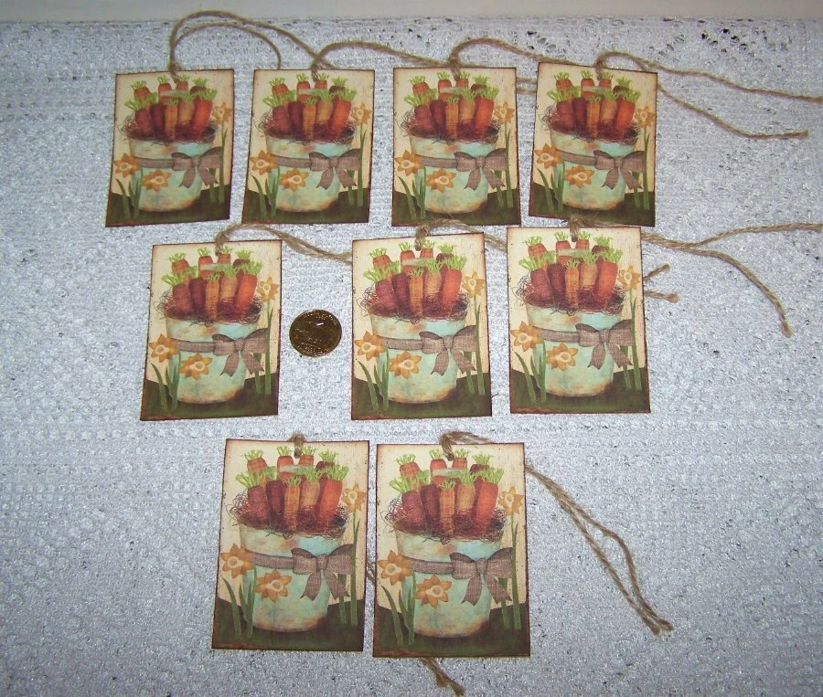9~Easter~Primitive~Carrot Bucket~Linen Cardstock~Gift~Hang~Tags - Image 1 of 1