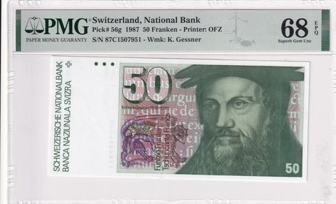 1987 Switzerland 50 Franken P-56g PMG 68 EPQ Superb Gem UNC Cover