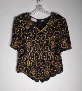 Vintage 80's Laurence Kazar New York Gold Sequin Beaded Silk Eveningwear Top XXL - Picture 1 of 4