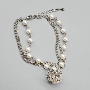 Rhinestone Crown Charm Bracelet Multi Strand Faux Pearl Silver Tone - Picture 1 of 4