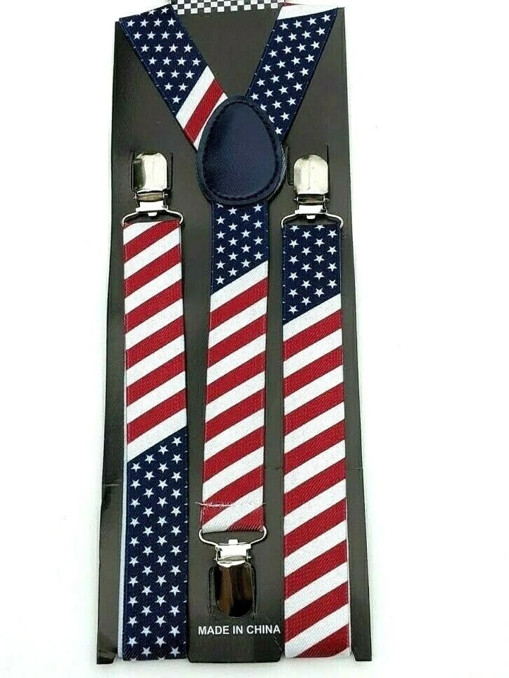 NEW USA PATRIOTIC ELASTIC BRACES CLIP ON Y-SHAPE SUSPENDERS US AMERICAN FLAG  - Image 1 of 1