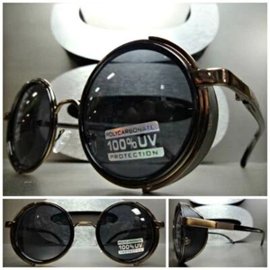 VINTAGE RETRO 60s STEAMPUNK CYBER Round Blinder SUN GLASSES Black & Bronze Frame - Picture 1 of 9