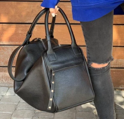 Women Pebbled GENUINE Leather Black Handbag Shoulder Duffle Sport Travel Bag - image 1 of 4